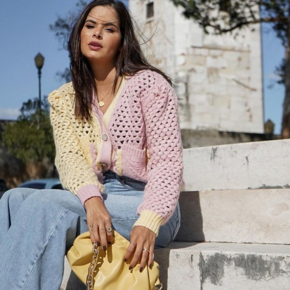ZARA WOMEN CHUNKY KNIT YELLOW PINK RHINESTONE BUTTON CARDIGAN SWEATER SZ MED